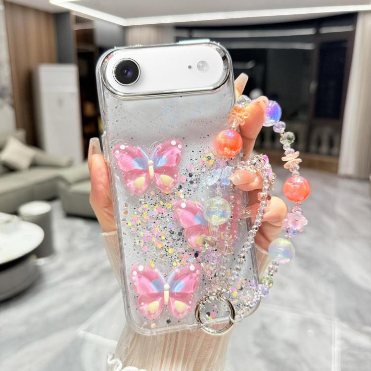Custodia per telefono in TPU e resina epossidica con farfalla 3D glitterata e catena a bracciale, For iPhone 17 Pro Max, For iPhone 17 Pro, For iPhone 17, For iPhone Air