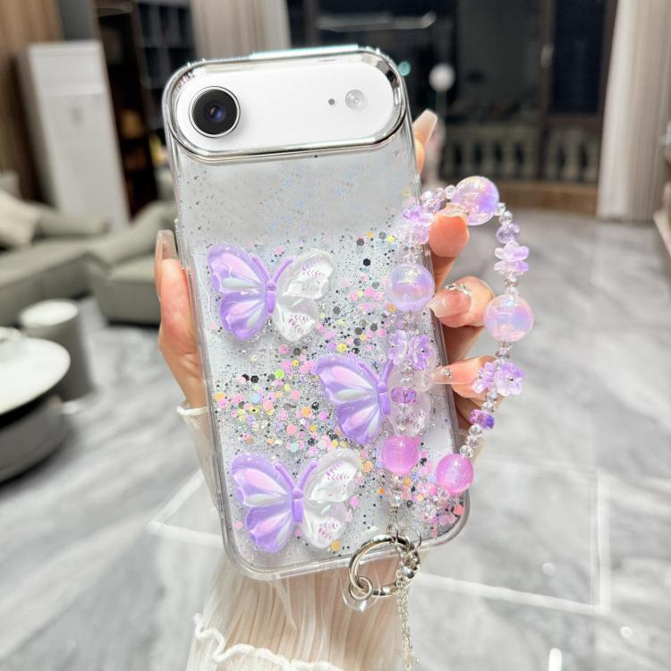 Custodia per telefono in TPU e resina epossidica con farfalla 3D glitterata e catena a bracciale, For iPhone 17 Pro Max, For iPhone 17 Pro, For iPhone 17, For iPhone Air