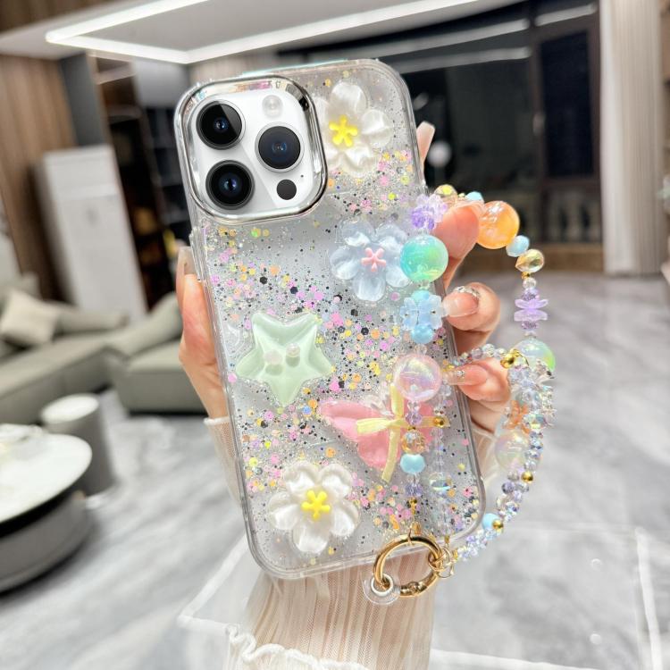Custodia per telefono in TPU e resina epossidica con farfalla 3D glitterata e catena a bracciale, For iPhone 16 Pro Max, For iPhone 16 Pro, For iPhone 16 Plus, For iPhone 16