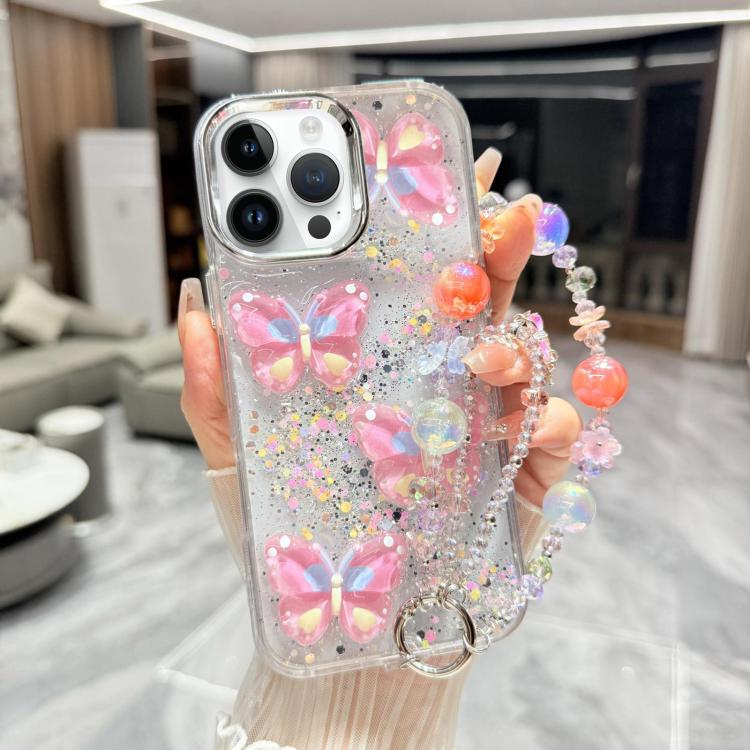 Custodia per telefono in TPU e resina epossidica con farfalla 3D glitterata e catena a bracciale, For iPhone 16 Pro Max, For iPhone 16 Pro, For iPhone 16 Plus, For iPhone 16