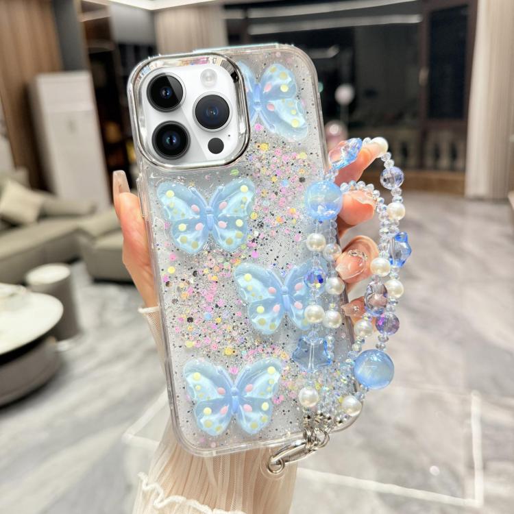 Custodia per telefono in TPU e resina epossidica con farfalla 3D glitterata e catena a bracciale, For iPhone 16 Pro Max, For iPhone 16 Pro, For iPhone 16 Plus, For iPhone 16