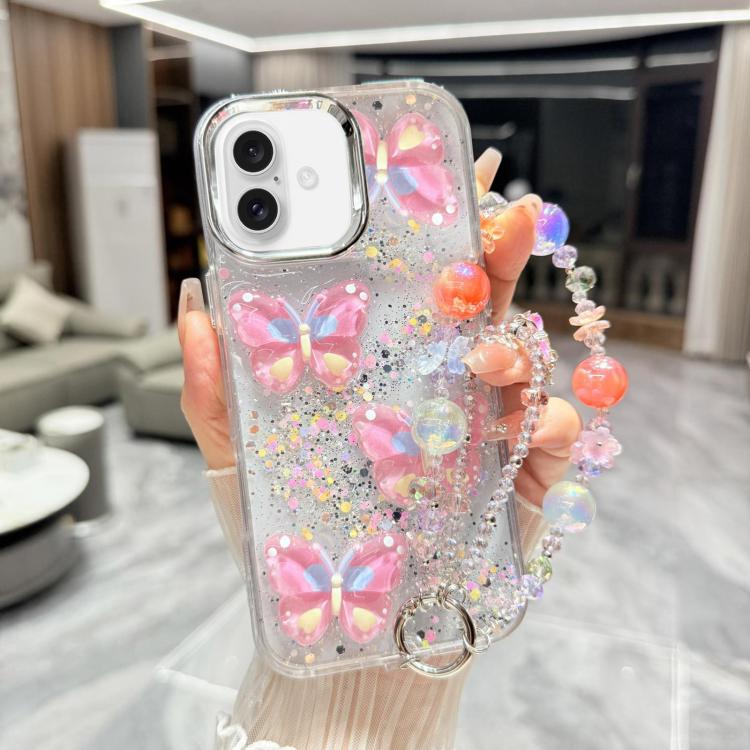 Custodia per telefono in TPU e resina epossidica con farfalla 3D glitterata e catena a bracciale, For iPhone 16 Pro Max, For iPhone 16 Pro, For iPhone 16 Plus, For iPhone 16
