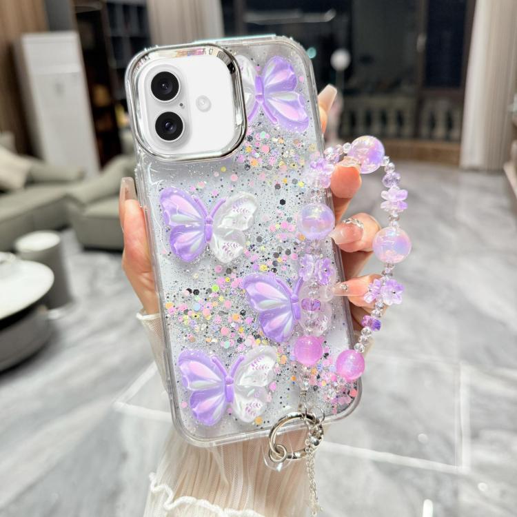Custodia per telefono in TPU e resina epossidica con farfalla 3D glitterata e catena a bracciale, For iPhone 16 Pro Max, For iPhone 16 Pro, For iPhone 16 Plus, For iPhone 16