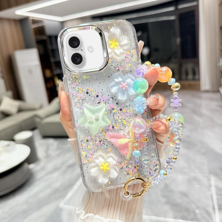 Custodia per telefono in TPU e resina epossidica con farfalla 3D glitterata e catena a bracciale, For iPhone 16 Pro Max, For iPhone 16 Pro, For iPhone 16 Plus, For iPhone 16