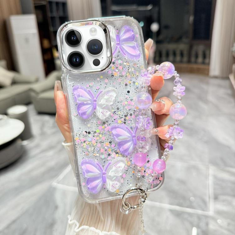 Custodia per telefono in TPU e resina epossidica con farfalla 3D glitterata e catena a bracciale, For iPhone 15 Pro Max, For iPhone 15 Pro, For iPhone 15 Plus, For iPhone 15