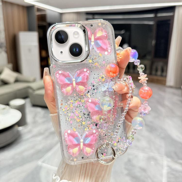Custodia per telefono in TPU e resina epossidica con farfalla 3D glitterata e catena a bracciale, For iPhone 15 Pro Max, For iPhone 15 Pro, For iPhone 15 Plus, For iPhone 15