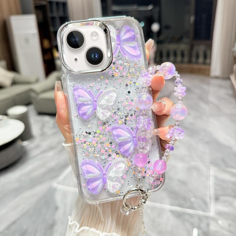 Custodia per telefono in TPU e resina epossidica con farfalla 3D glitterata e catena a bracciale, For iPhone 15 Pro Max, For iPhone 15 Pro, For iPhone 15 Plus, For iPhone 15
