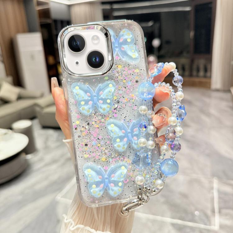 Custodia per telefono in TPU e resina epossidica con farfalla 3D glitterata e catena a bracciale, For iPhone 15 Pro Max, For iPhone 15 Pro, For iPhone 15 Plus, For iPhone 15