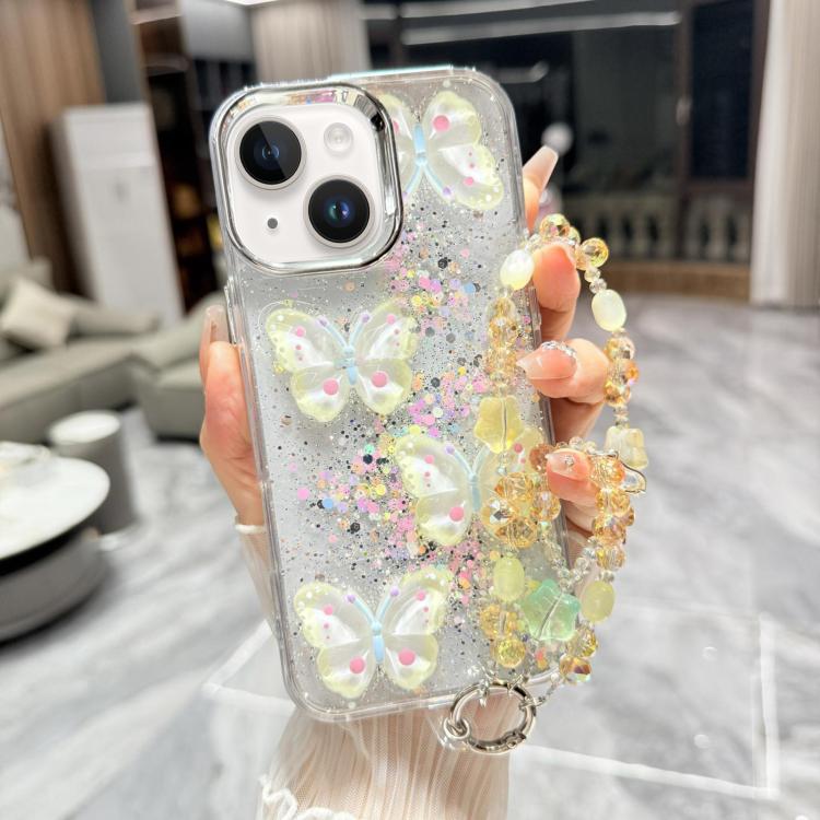 Custodia per telefono in TPU e resina epossidica con farfalla 3D glitterata e catena a bracciale, For iPhone 15 Pro Max, For iPhone 15 Pro, For iPhone 15 Plus, For iPhone 15