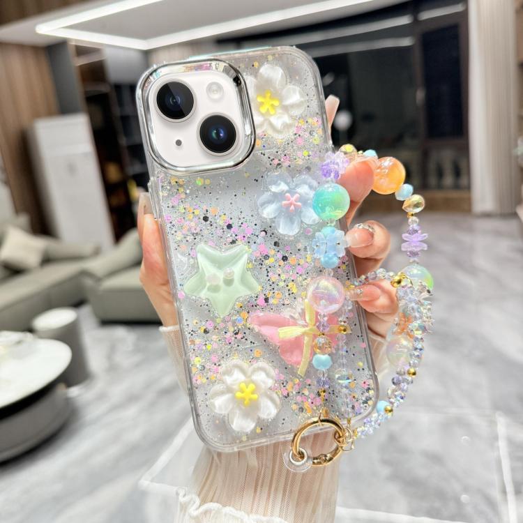Custodia per telefono in TPU e resina epossidica con farfalla 3D glitterata e catena a bracciale, For iPhone 15 Pro Max, For iPhone 15 Pro, For iPhone 15 Plus, For iPhone 15