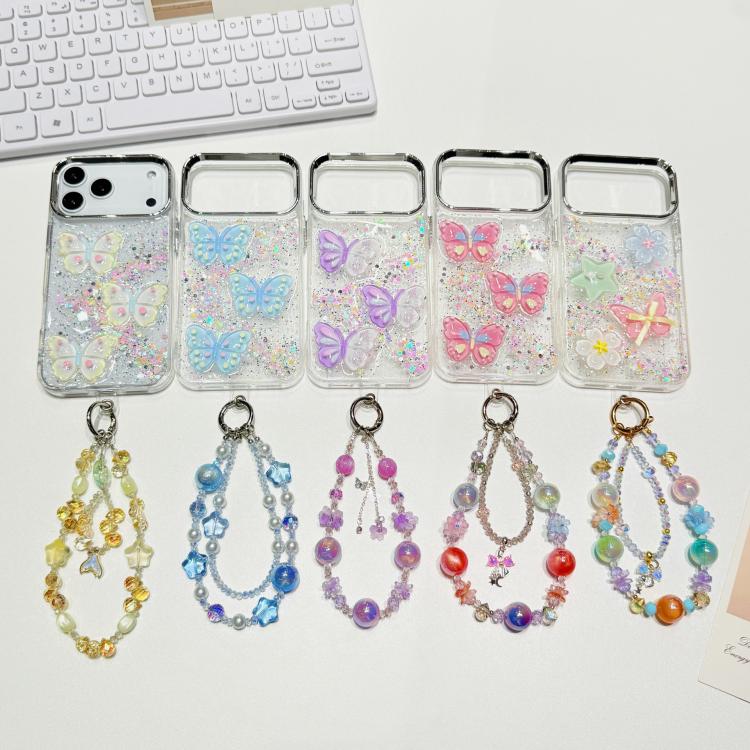 Custodia per telefono in TPU e resina epossidica con farfalla 3D glitterata e catena a bracciale, For iPhone 16 Pro Max, For iPhone 16 Pro, For iPhone 16 Plus, For iPhone 16