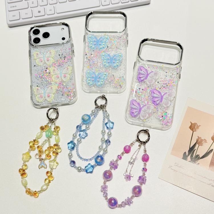 Custodia per telefono in TPU e resina epossidica con farfalla 3D glitterata e catena a bracciale, For iPhone 17 Pro Max, For iPhone 17 Pro, For iPhone 17, For iPhone Air
