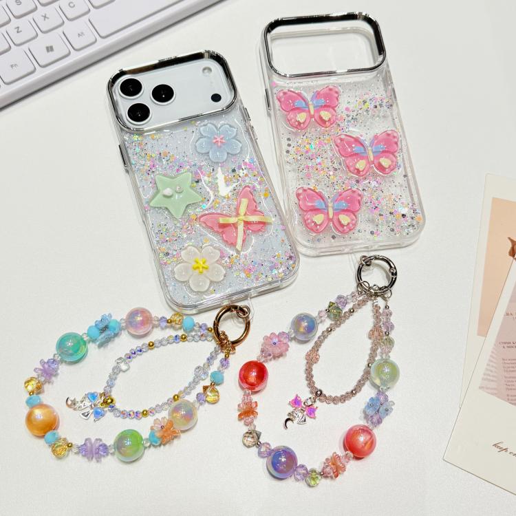 Custodia per telefono in TPU e resina epossidica con farfalla 3D glitterata e catena a bracciale, For iPhone 16 Pro Max, For iPhone 16 Pro, For iPhone 16 Plus, For iPhone 16