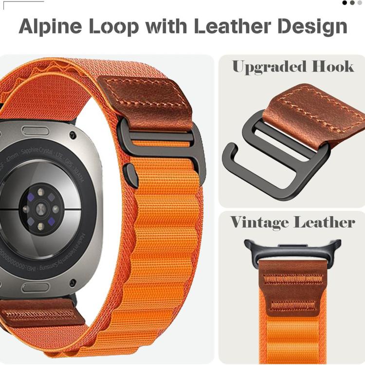 Cinturino per orologio in nylon Alpine con etichetta in ecopelle vegana stile retrò., For Samsung Galaxy Watch Ultra 47mm / Ultra 2025