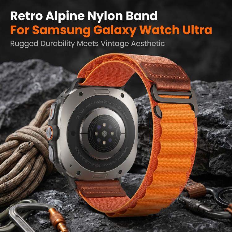 Cinturino per orologio in nylon Alpine con etichetta in ecopelle vegana stile retrò., For Samsung Galaxy Watch Ultra 47mm / Ultra 2025