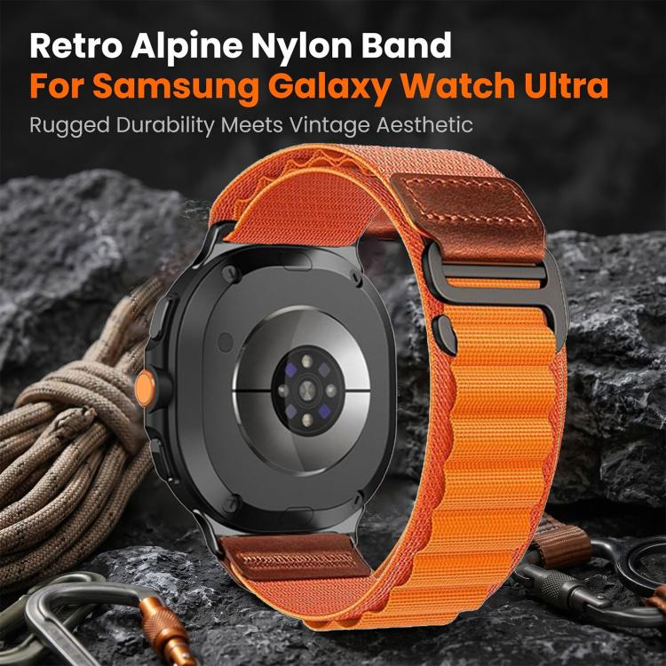 Cinturino per orologio in nylon Alpine con etichetta in ecopelle vegana stile retrò., For Samsung Galaxy Watch8 / Watch8 Classic