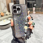 Custodia per telefono in TPU con paillettes glitterate effetto diamante e catena a bracciale, For iPhone 15 Pro Max, For iPhone 15 Pro, For iPhone 15 Plus, For iPhone 15