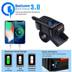 Adattatore caricabatterie da manubrio per moto con display LED di tensione e 12 porte USB-A e Type-C.