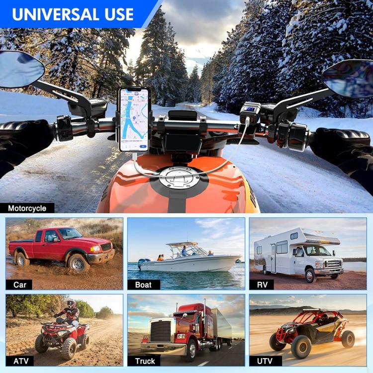 Adattatore caricabatterie da manubrio per moto con display LED di tensione e 12 porte USB-A e Type-C.