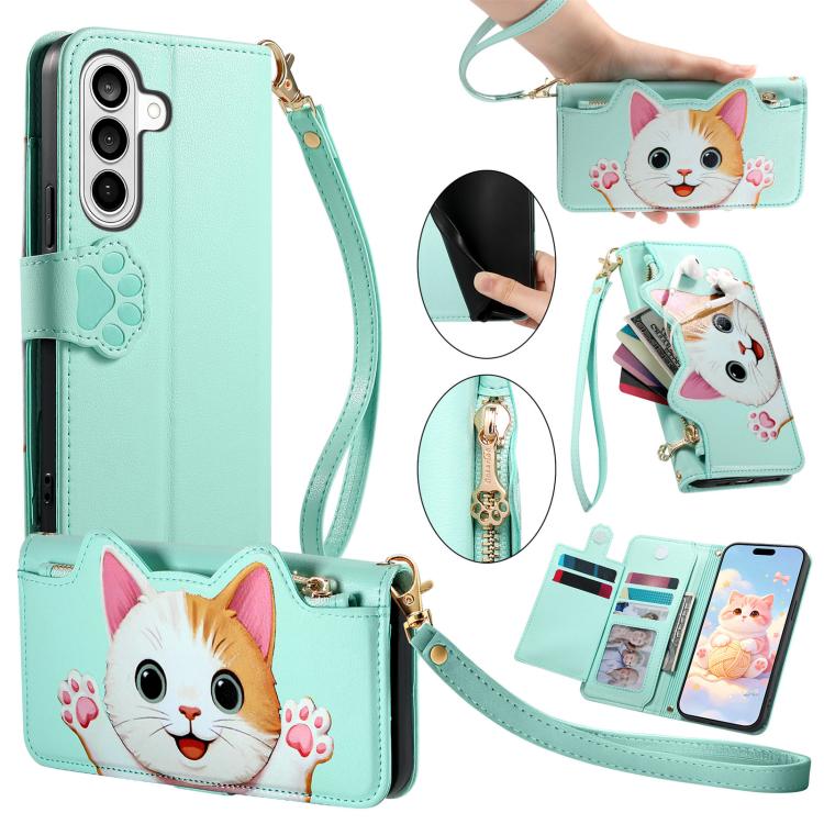 Portafoglio a forma di gatto con cerniera, custodia per telefono in ecopelle con cinturino, For Galaxy S26+ 5G, For Galaxy S26 Ultra 5G, For Galaxy S26 5G, For Galaxy A37 5G
