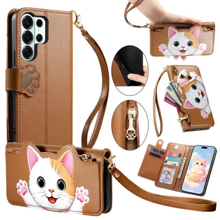 Portafoglio a forma di gatto con cerniera, custodia per telefono in ecopelle con cinturino, For Galaxy S26+ 5G, For Galaxy S26 Ultra 5G, For Galaxy S26 5G, For Galaxy A37 5G