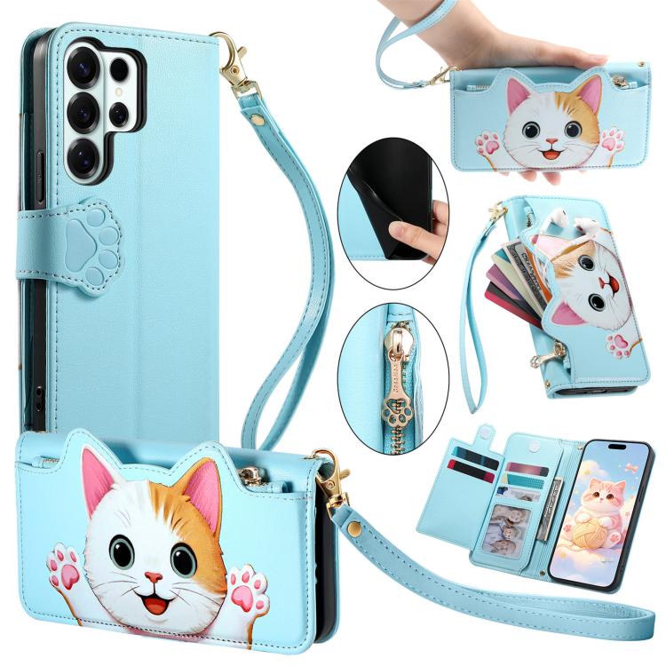 Portafoglio a forma di gatto con cerniera, custodia per telefono in ecopelle con cinturino, For Galaxy S26+ 5G, For Galaxy S26 Ultra 5G, For Galaxy S26 5G, For Galaxy A37 5G