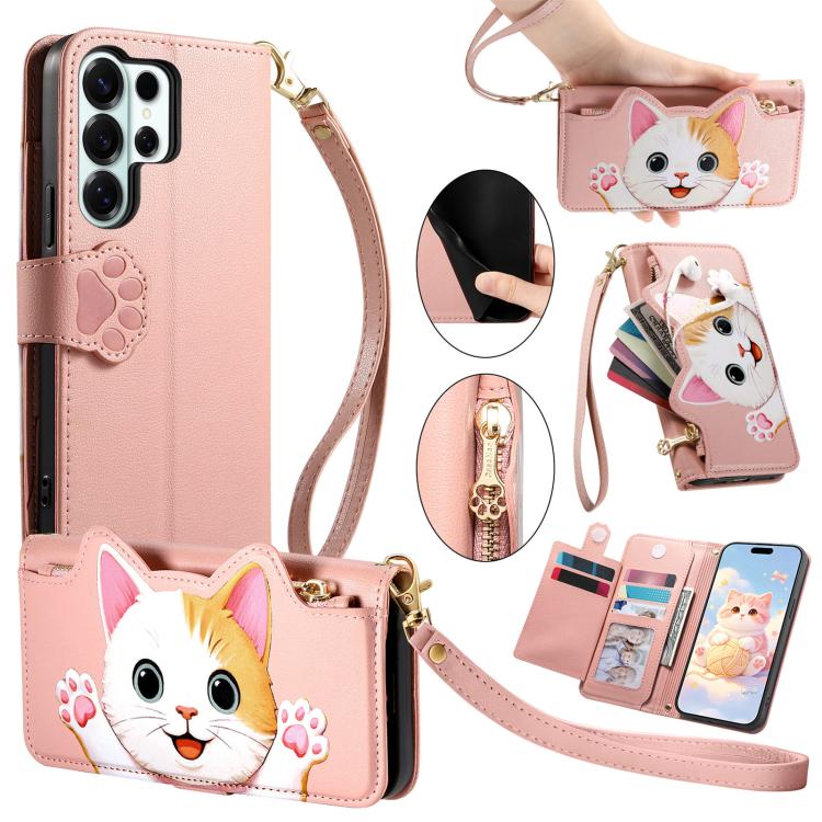 Portafoglio a forma di gatto con cerniera, custodia per telefono in ecopelle con cinturino, For Galaxy S26+ 5G, For Galaxy S26 Ultra 5G, For Galaxy S26 5G, For Galaxy A37 5G