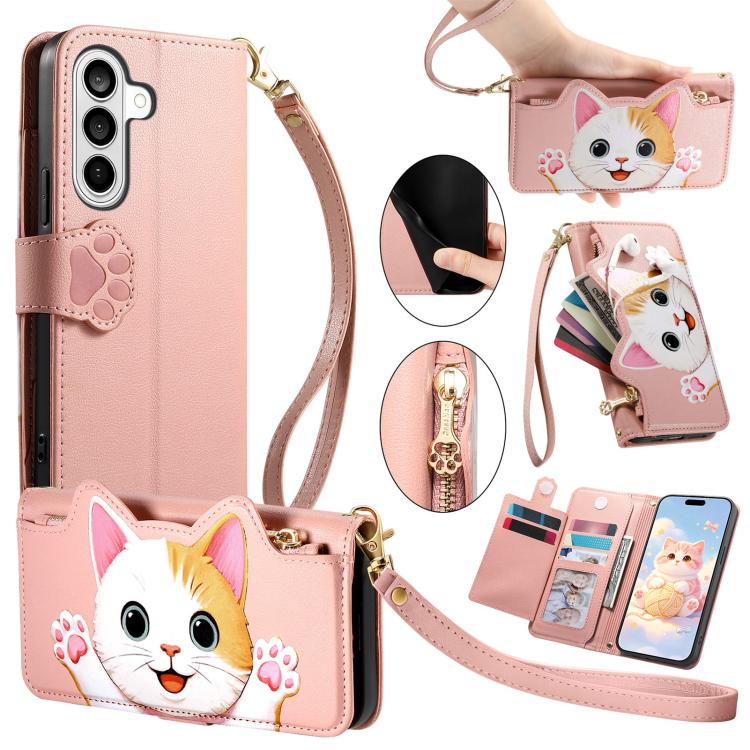 Portafoglio a forma di gatto con cerniera, custodia per telefono in ecopelle con cinturino, For Galaxy A36 5G, For Galaxy S25 / S24 5G, For Galaxy S25+ / S24+ 5G, For Galaxy S25 Ultra 5G