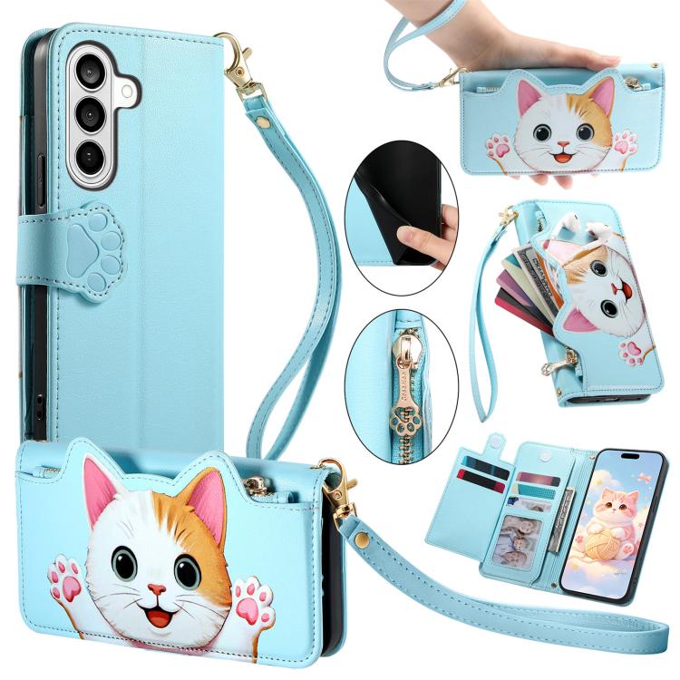 Portafoglio a forma di gatto con cerniera, custodia per telefono in ecopelle con cinturino, For Galaxy A36 5G, For Galaxy S25 / S24 5G, For Galaxy S25+ / S24+ 5G, For Galaxy S25 Ultra 5G