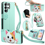 Portafoglio a forma di gatto con cerniera, custodia per telefono in ecopelle con cinturino, For Galaxy A36 5G, For Galaxy S25 / S24 5G, For Galaxy S25+ / S24+ 5G, For Galaxy S25 Ultra 5G