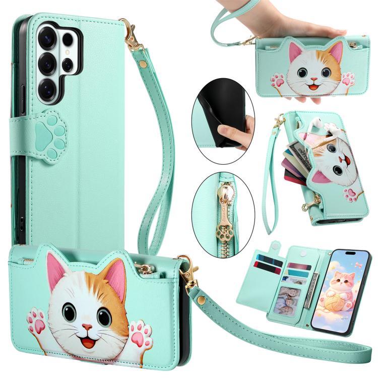 Portafoglio a forma di gatto con cerniera, custodia per telefono in ecopelle con cinturino, For Galaxy A55 5G, For Galaxy A35 5G, For Galaxy S24 Ultra 5G, For Galaxy A05
