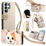Portafoglio a forma di gatto con cerniera, custodia per telefono in ecopelle con cinturino, For Galaxy A55 5G, For Galaxy A35 5G, For Galaxy S24 Ultra 5G, For Galaxy A05