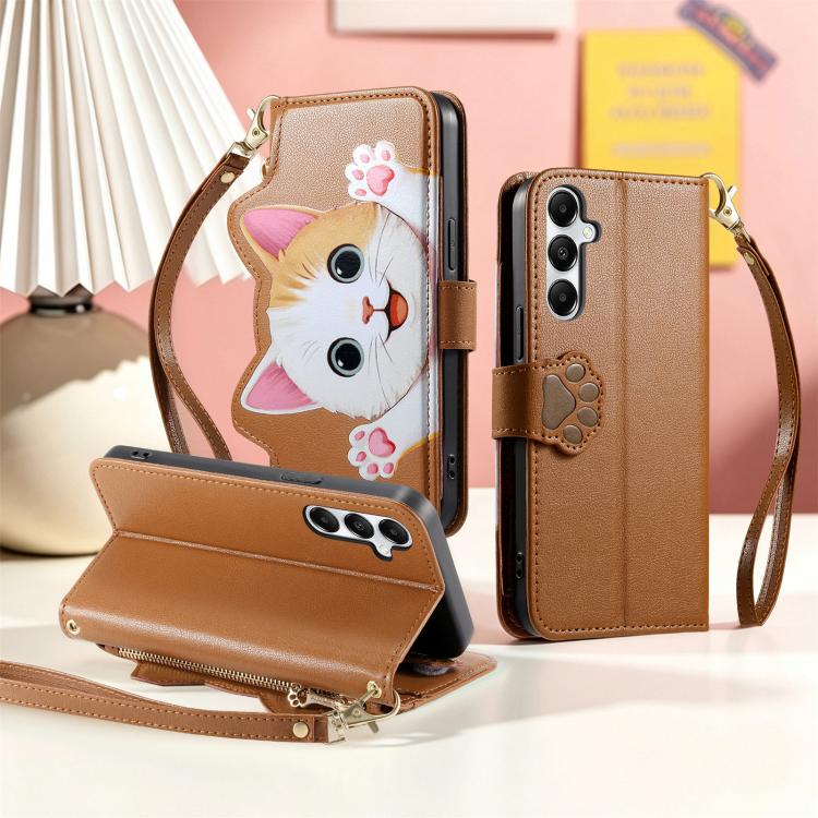 Portafoglio a forma di gatto con cerniera, custodia per telefono in ecopelle con cinturino, For Galaxy A55 5G, For Galaxy A35 5G, For Galaxy S24 Ultra 5G, For Galaxy A05