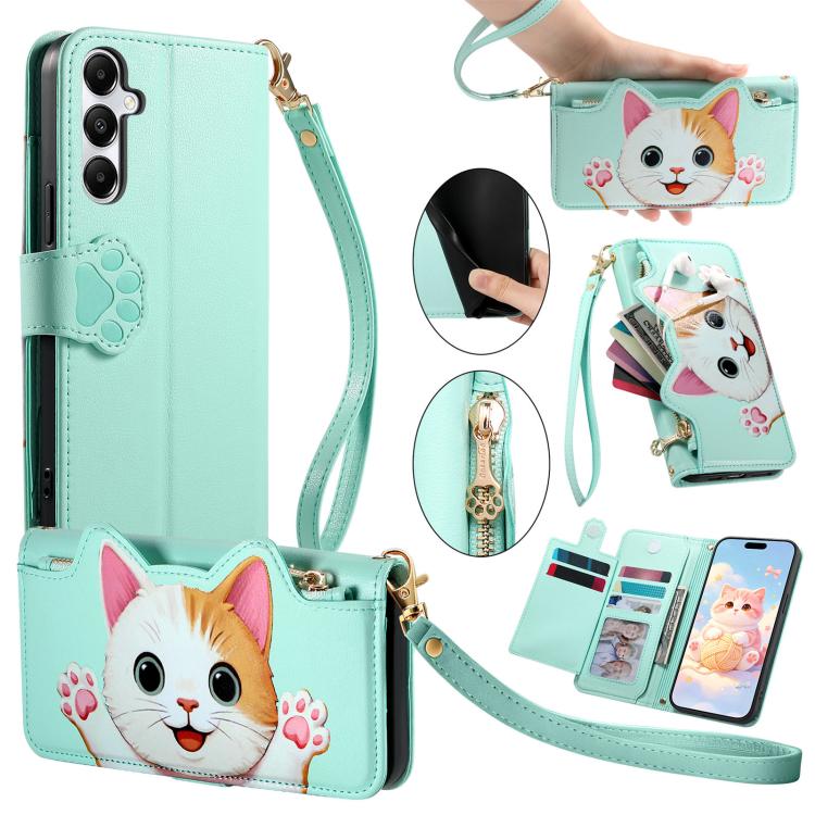 Portafoglio a forma di gatto con cerniera, custodia per telefono in ecopelle con cinturino, For Galaxy A55 5G, For Galaxy A35 5G, For Galaxy S24 Ultra 5G, For Galaxy A05