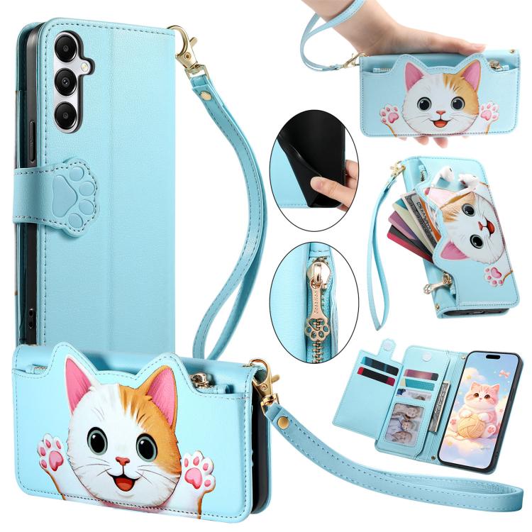 Portafoglio a forma di gatto con cerniera, custodia per telefono in ecopelle con cinturino, For Galaxy A05s, For Galaxy A25 5G, For Galaxy S23 FE 5G, For Galaxy A24 4G