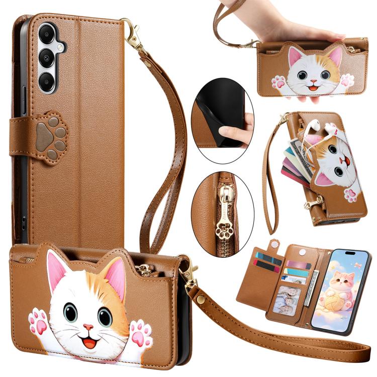 Portafoglio a forma di gatto con cerniera, custodia per telefono in ecopelle con cinturino, For Galaxy A16 5G, For Galaxy S24 FE 5G, For Galaxy M15 5G, For Galaxy A15 4G /  5G