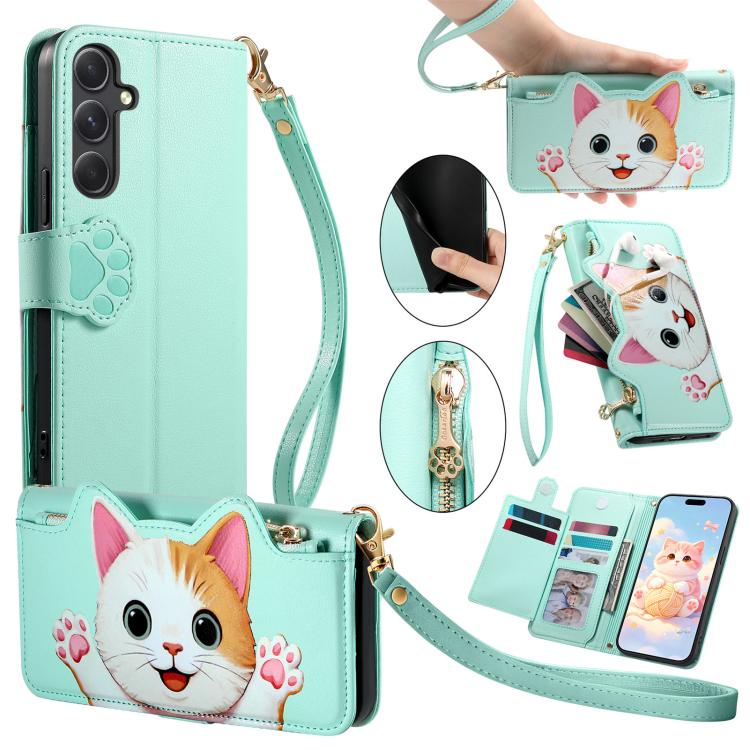 Portafoglio a forma di gatto con cerniera, custodia per telefono in ecopelle con cinturino, For Galaxy A17 5G, For Galaxy A06, For Galaxy A56 5G, For Galaxy A26 5G