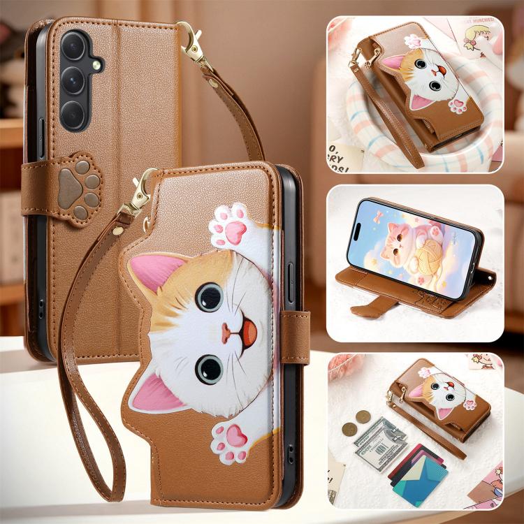 Portafoglio a forma di gatto con cerniera, custodia per telefono in ecopelle con cinturino, For Galaxy A36 5G, For Galaxy S25 / S24 5G, For Galaxy S25+ / S24+ 5G, For Galaxy S25 Ultra 5G