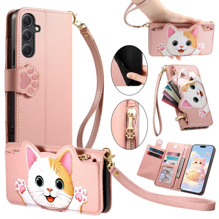 Portafoglio a forma di gatto con cerniera, custodia per telefono in ecopelle con cinturino, For Galaxy S26+ 5G, For Galaxy S26 Ultra 5G, For Galaxy S26 5G, For Galaxy A37 5G