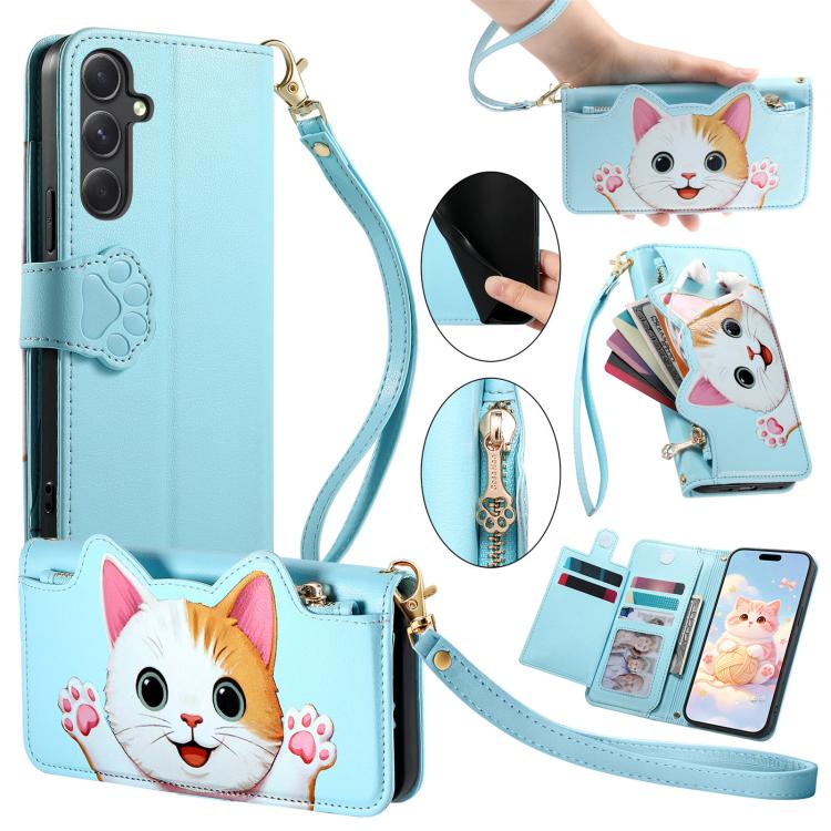 Portafoglio a forma di gatto con cerniera, custodia per telefono in ecopelle con cinturino, For Galaxy A05s, For Galaxy A25 5G, For Galaxy S23 FE 5G, For Galaxy A24 4G