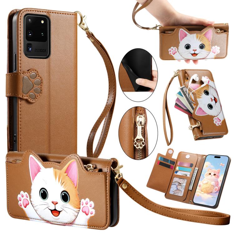 Portafoglio a forma di gatto con cerniera, custodia per telefono in ecopelle con cinturino, For Galaxy Note 20 Ultra, For Galaxy Note 20, For Galaxy S20 Ultra 5G, For Galaxy S20+ 5G