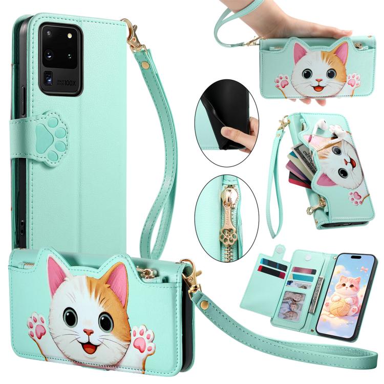 Portafoglio a forma di gatto con cerniera, custodia per telefono in ecopelle con cinturino, For Galaxy Note 20 Ultra, For Galaxy Note 20, For Galaxy S20 Ultra 5G, For Galaxy S20+ 5G