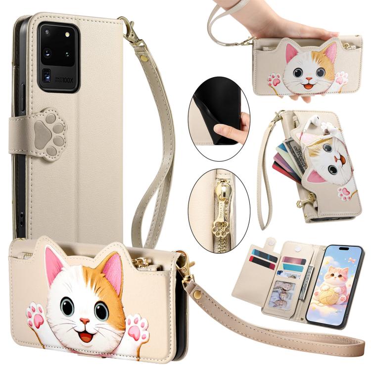 Portafoglio a forma di gatto con cerniera, custodia per telefono in ecopelle con cinturino, For Galaxy Note 20 Ultra, For Galaxy Note 20, For Galaxy S20 Ultra 5G, For Galaxy S20+ 5G