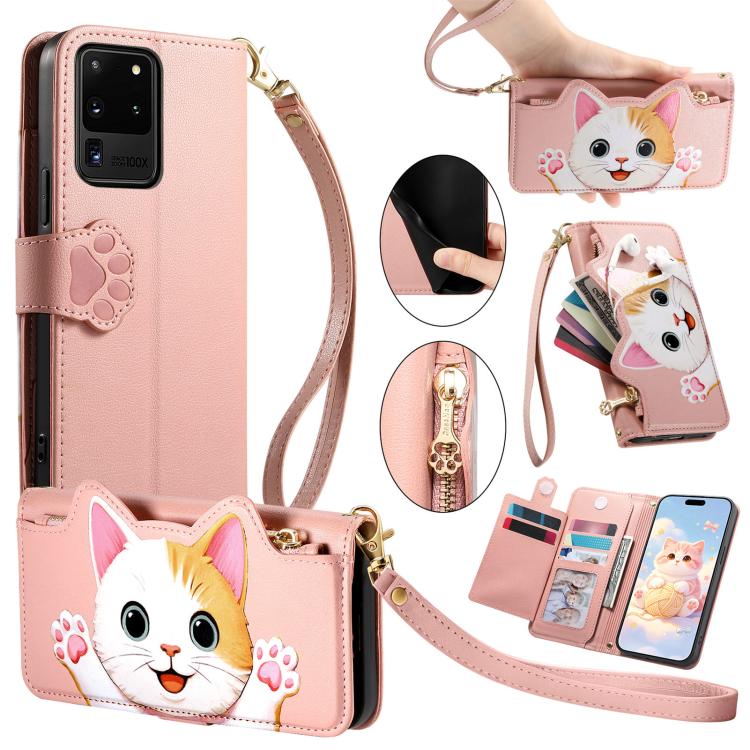 Portafoglio a forma di gatto con cerniera, custodia per telefono in ecopelle con cinturino, For Galaxy Note 20 Ultra, For Galaxy Note 20, For Galaxy S20 Ultra 5G, For Galaxy S20+ 5G