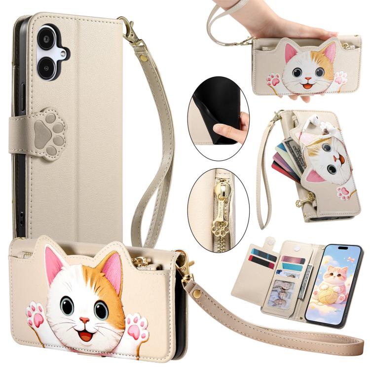 Portafoglio a forma di gatto con cerniera, custodia per telefono in ecopelle con cinturino, For Galaxy A55 5G, For Galaxy A35 5G, For Galaxy S24 Ultra 5G, For Galaxy A05