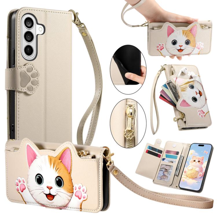 Portafoglio a forma di gatto con cerniera, custodia per telefono in ecopelle con cinturino, For Galaxy A16 5G, For Galaxy S24 FE 5G, For Galaxy M15 5G, For Galaxy A15 4G /  5G