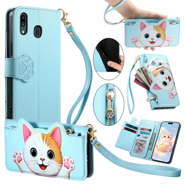 Portafoglio a forma di gatto con cerniera, custodia per telefono in ecopelle con cinturino, For Galaxy A70 / A70s, For Galaxy A50 / A50s / A30s, For Galaxy A20 / A30