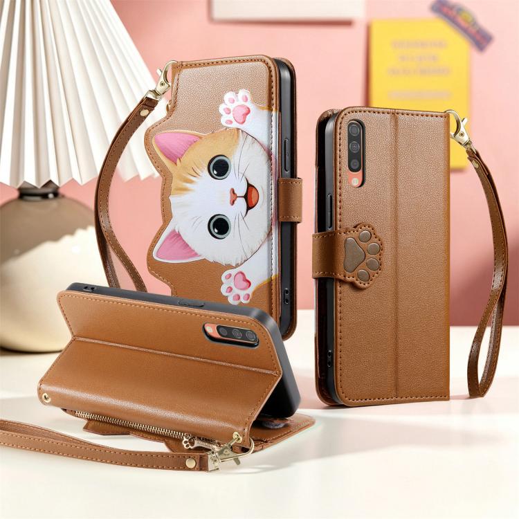 Portafoglio a forma di gatto con cerniera, custodia per telefono in ecopelle con cinturino, For Galaxy A70 / A70s, For Galaxy A50 / A50s / A30s, For Galaxy A20 / A30