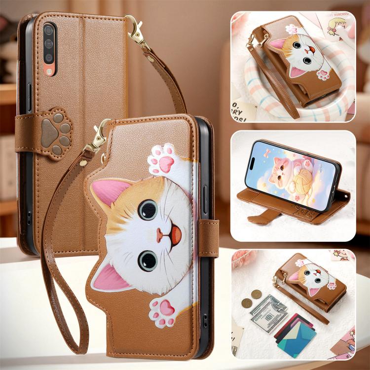 Portafoglio a forma di gatto con cerniera, custodia per telefono in ecopelle con cinturino, For Galaxy A70 / A70s, For Galaxy A50 / A50s / A30s, For Galaxy A20 / A30