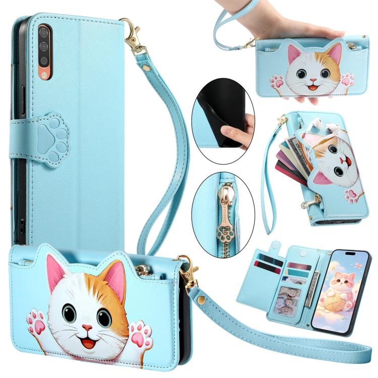 Portafoglio a forma di gatto con cerniera, custodia per telefono in ecopelle con cinturino, For Galaxy A70 / A70s, For Galaxy A50 / A50s / A30s, For Galaxy A20 / A30